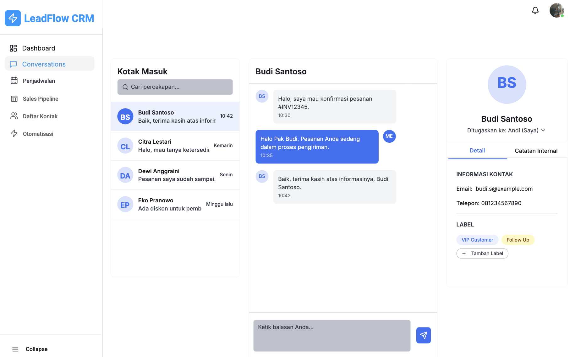 Unified conversations inbox with customer profiles